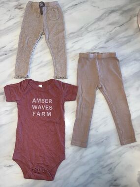 Amber Waves Farm Mauve Baby Onesie and Neutral Knit Leggings - 3pc Set